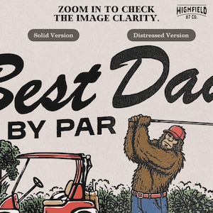 Funny dad PNG showing a Sasquatch golfer in a red cap swinging a golf club with Best Dad By Par text, designed for golf lover dad shirt graphics.