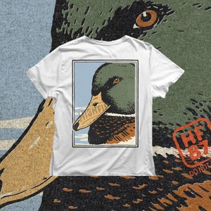 Vintage inspired mallard drake portrait featuring a strong side profile with green head feathers, smooth yellow bill, and rich brown chest markings. The illustration uses flat solid colors and bold outlines for a clean print ready PNG file. Ideal for duck hunting shirt graphics, waterfowl apparel design, and wildlife themed digital download projects.