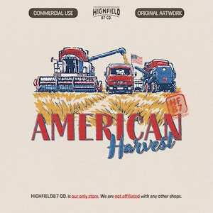 American Harvest PNG featuring a combine harvester, farm truck, tractor, wheat field, and USA flag for patriotic farmer shirts and digital downloads.