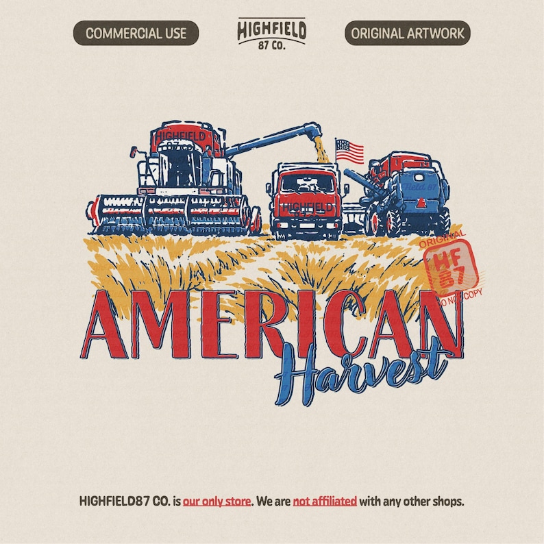 American Harvest PNG featuring a combine harvester, farm truck, tractor, wheat field, and USA flag for patriotic farmer shirts and digital downloads.