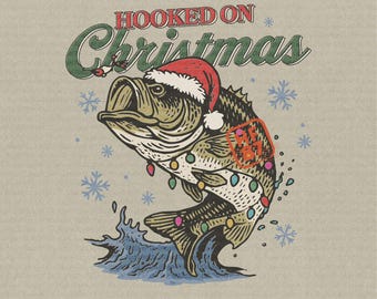 Bass Fishing Christmas PNG, Santa Hat Fish Illustration (Digital Download)