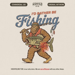 PNG divertido de Bigfoot pescando, arte de un Sasquatch (descarga digital)
