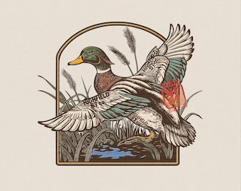Mallard Duck PNG, Flying Waterfowl Hunting Illustration, Vintage Duck Hunter Shirt Design Digital Download