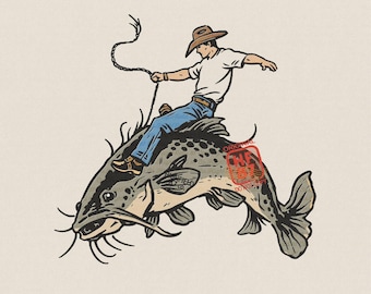 Cowboy Riding Catfish PNG, Funny Fishing Western Design, Rodeo Cowboy Catfish Graphic for Shirt, Southern Humor Digital Download