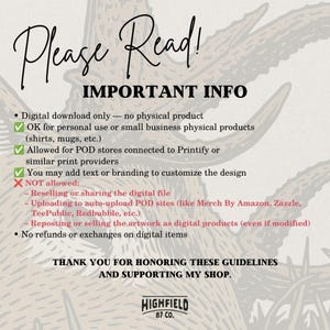 May include: A digital download information sheet with black text on a light background featuring a faint deer illustration. It outlines usage guidelines, including permissions for personal and small business use, and restrictions on reselling or sharing files.