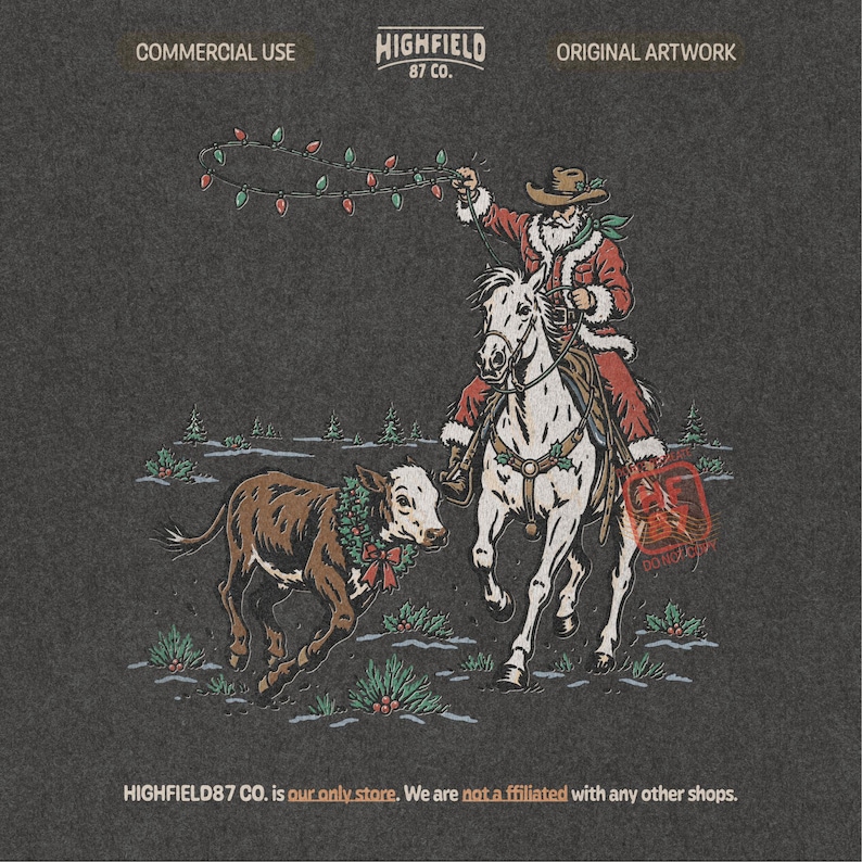 Western Christmas illustration featuring cowboy Santa on a white horse beside a brown calf wearing holiday greenery and a red bow in a snowy field.