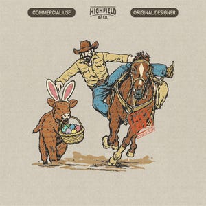 May include: An illustration depicts a cowboy riding a horse, with a calf wearing bunny ears and carrying a basket of Easter eggs. The cowboy wears a brown hat and yellow shirt. The image has text that says "COMMERCIAL USE" and "ORIGINAL DESIGNER".