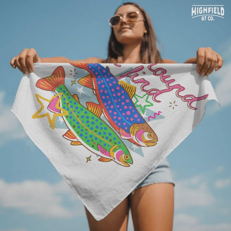 playful fishing illustration with bright trout and bold lettering, trendy summer design