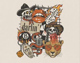 Western Collage PNG: Darlin 777 Lucky Cowgirl, Casino Dice Skull Leopard Graphic Digital Download