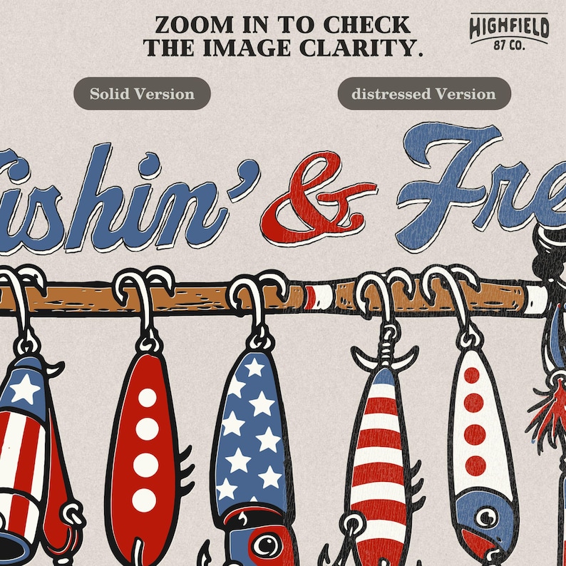 american patriotic fishing design showing multiple fishing lures with stars and stripes pattern hanging from rod, fishin and free phrase in bold lettering above, detailed hooks and classic lure shapes, perfect fishing png for anglers, summer fishing shirts, 4th of july apparel, outdoor themed digital download for printing and merchandise creation