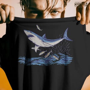 shark ocean png with jumping shark and splashing water, bold marine predator illustration