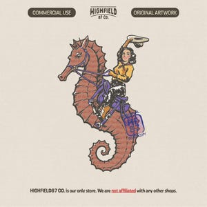 cowgirl riding seahorse illustration in vintage western style, coastal beach themed artwork