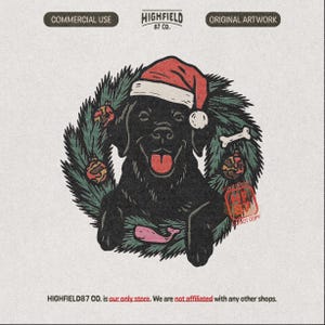 Black Labrador wearing a Santa hat, smiling with tongue out, inside a holiday pine wreath with ornaments, bone, and pink toy. Christmas dog PNG for sublimation use.