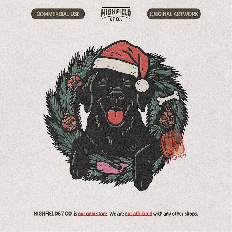 Black Labrador wearing a Santa hat, smiling with tongue out, inside a holiday pine wreath with ornaments, bone, and pink toy. Christmas dog PNG for sublimation use.
