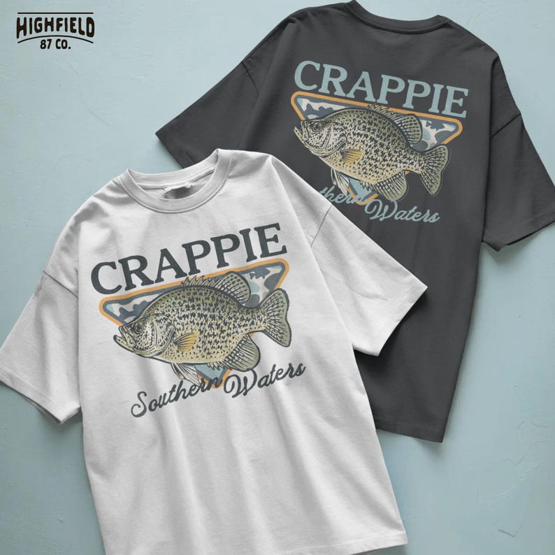 Panfish PNG featuring a detailed crappie fish with green markings, yellow fins, and Southern Waters phrase for fishing lover shirts and gifts.