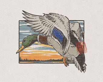 Flying Mallard Duck PNG: Vintage Waterfowl Hunting Sunset Illustration, Retro Duck-Hunter Sublimation Artwork Digital-Download