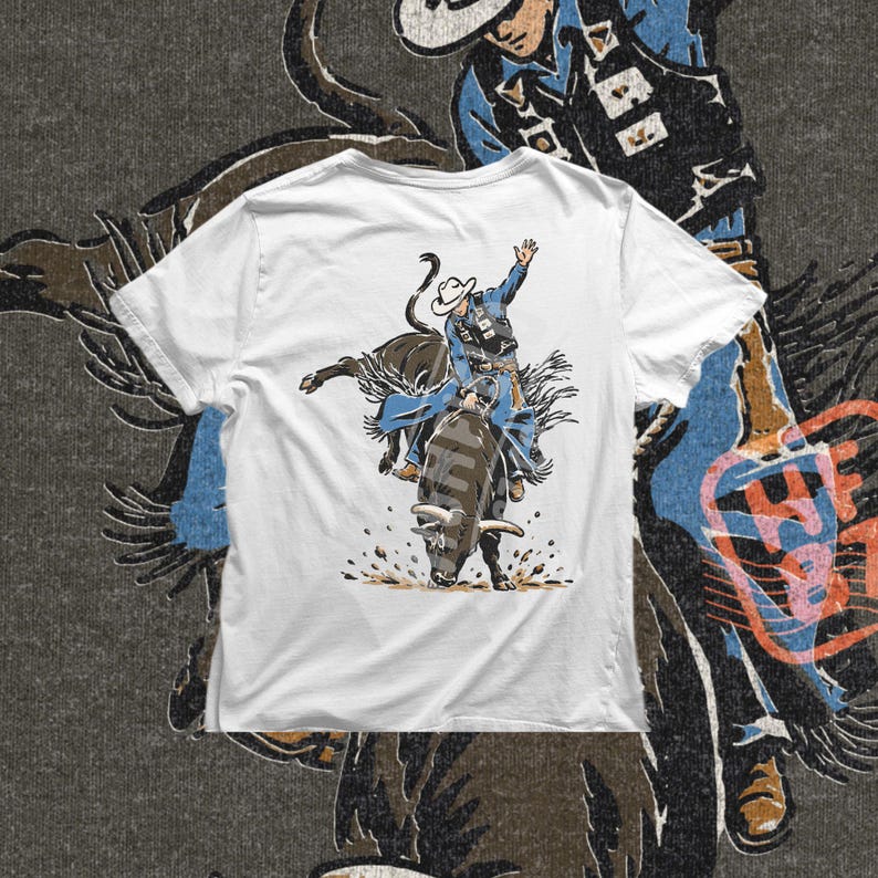 Rodeo cowboy PNG design with a rider on a powerful bucking bull, western action artwork, and bold outdoor rodeo energy for shirt graphics.