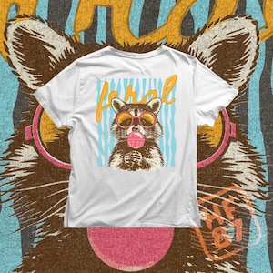funny raccoon blowing bubble gum for girly aesthetic and beach style clothing