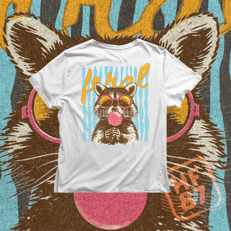 funny raccoon blowing bubble gum for girly aesthetic and beach style clothing