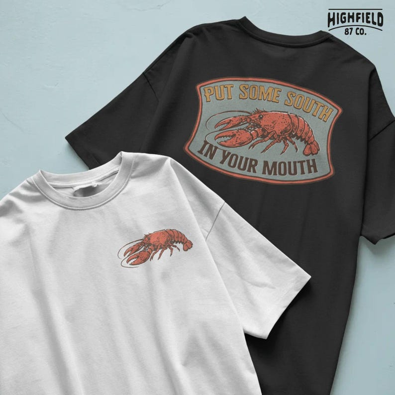 Louisiana crawfish shirt design with slogan and seafood illustration, pocket and back PNG