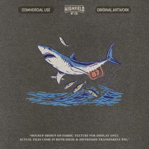 shark illustration png showing shark leaping above water with small fish and ocean splash, marine life artwork