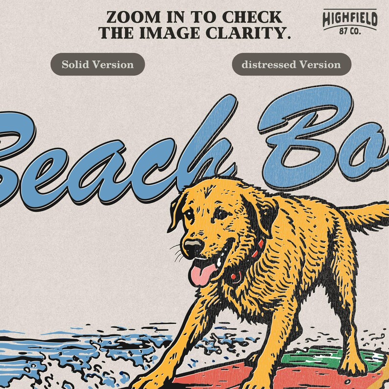 beach boy dog design with golden retriever surfing in ocean retro style dog clipart png