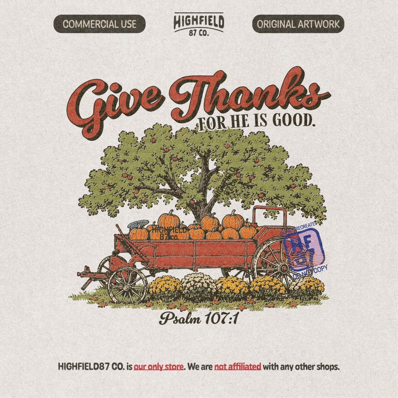 Give Thanks PNG featuring a pumpkin wagon under an apple tree with Psalm 107 1 text and Christian Thanksgiving fall harvest style.