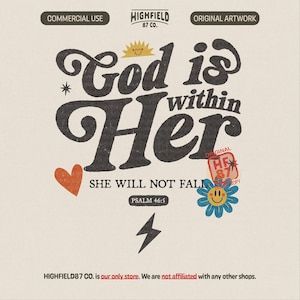 Op de afbeelding: Een beige grafisch ontwerp met de tekst "God is within Her" in een vintage lettertype, vergezeld van een hart, een zon, een bloem en een bliksemschicht. Het ontwerp bevat ook de tekst "She will not fall" en "Psalm 46:5".