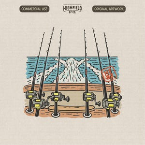 May include: Illustration of fishing rods on a boat with the ocean in the background. The image has a vintage style with the text "COMMERCIAL USE" and "ORIGINAL ARTWORK" at the top. The Highfield 87 Co. logo is also visible.
