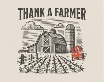 Könnte beinhalten: Eine schwarz-weiße Strichzeichnung einer Farm mit Scheune, Silo und Pflanzenreihen. Der Text THANK A FARMER ist über der Scheune gebogen. Weitere Texte sind HIGHFIELD 87 CO., COMMERCIAL USE und ORIGINAL ARTWORK auf dem Bild zu sehen.