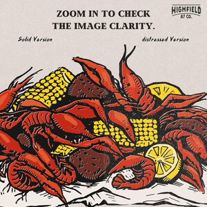 Summer seafood party graphic featuring a heap of crawfish with corn and citrus on serving paper. The Crawfish Season lettering adds a festive touch for boil gatherings and southern themed apparel.