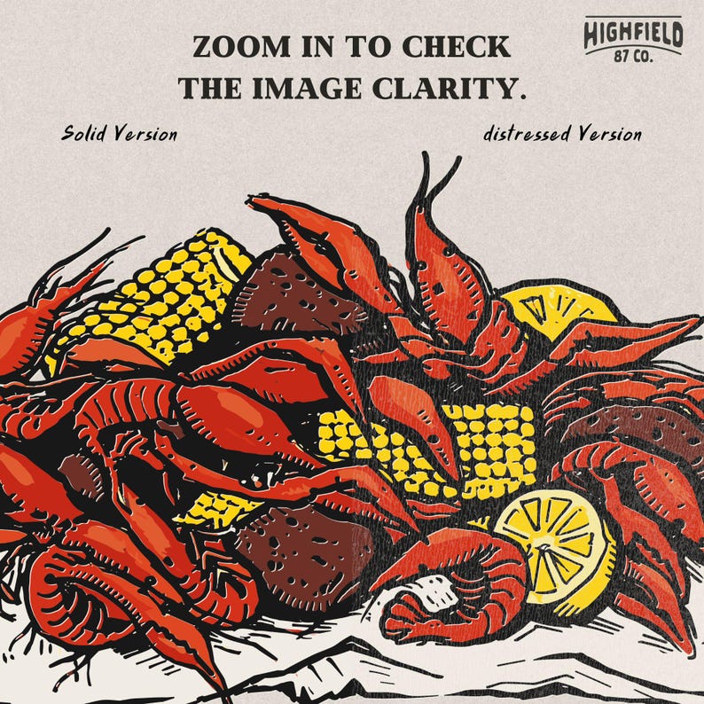 Summer seafood party graphic featuring a heap of crawfish with corn and citrus on serving paper. The Crawfish Season lettering adds a festive touch for boil gatherings and southern themed apparel.