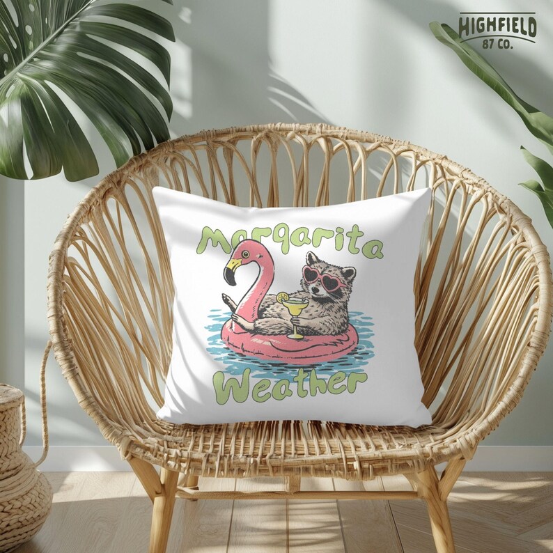 raccoon margarita vibes illustration with pool float and water, funny beach png