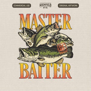 Könnte beinhalten: Illustration mit vier grünen und cremefarbenen Bassfischen mit offenem Maul. Der Text "MASTER BAITER" ist in orangefarbenen und gelben Farbverlaufbuchstaben gehalten. Das Bild hat eine Vintage- und Outdoor-Ästhetik.