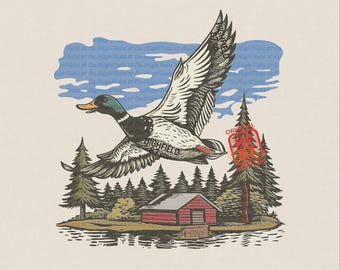 Mallard Duck PNG, Flying Duck Lake Scene Graphic, Waterfowl Hunting Shirt Design Digital Download