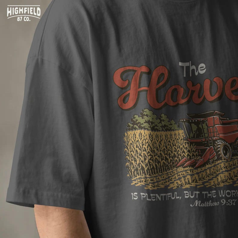 Harvest season PNG featuring a farm field, red combine harvester, crop rows, and faith based Christian message.