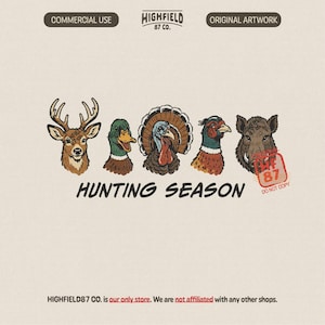 Hunting Season PNG featuring whitetail deer, mallard duck, wild turkey, pheasant, and wild boar heads with bold hunting season text.