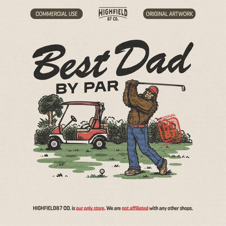 Best Dad By Par PNG featuring a funny Bigfoot golfer swinging a club on a golf course with a cart, made for golf dad shirts and Fathers Day digital downloads.