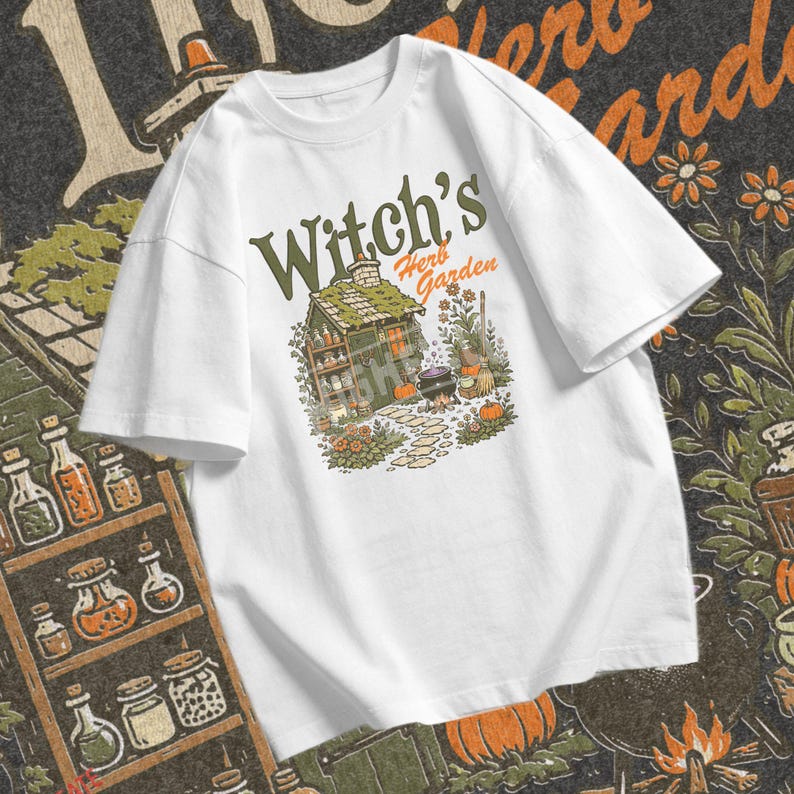 Witchy fall PNG showing Witchs Herb Garden text above a Halloween cottage with cauldron, pumpkins, plants, broom, and flowers.