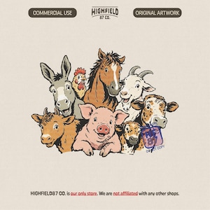 May include: A digital illustration featuring a group of farm animals including a donkey, chicken, horse, goat, cow, pig, and calf. The text HIGHFIELD 87 CO. appears at the top and bottom. The image includes watermarks reading ORIGINAL ARTWORK.