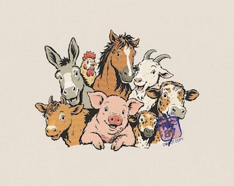 Puede incluir: Una ilustración digital que muestra un grupo de animales de granja, incluyendo un burro, una gallina, un caballo, una cabra, una vaca, un cerdo y un ternero. El texto HIGHFIELD 87 CO. aparece arriba y abajo. Incluye marcas de agua ORIGINAL ARTWORK.