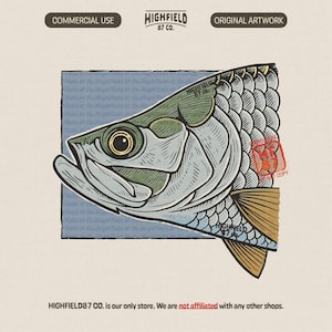 May include: Illustration of a fish head with detailed scales and fins. The artwork features a color palette of green, gray, and gold, with the text "HIGHFIELD 87 CO." and "ORIGINAL ARTWORK". The design is set against a light blue background.