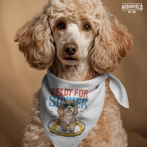 Fluffy puppy PNG featuring a fun summer scene with a dog in sunglasses, yellow pool ring, small ocean wave details, and a playful seasonal phrase.