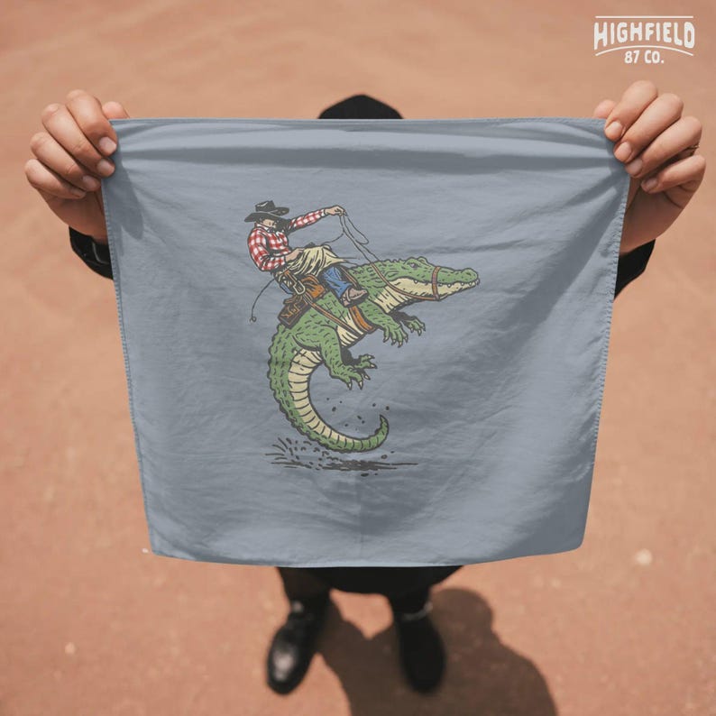 Funny gator PNG with cowboy riding alligator in chaotic southern humor style