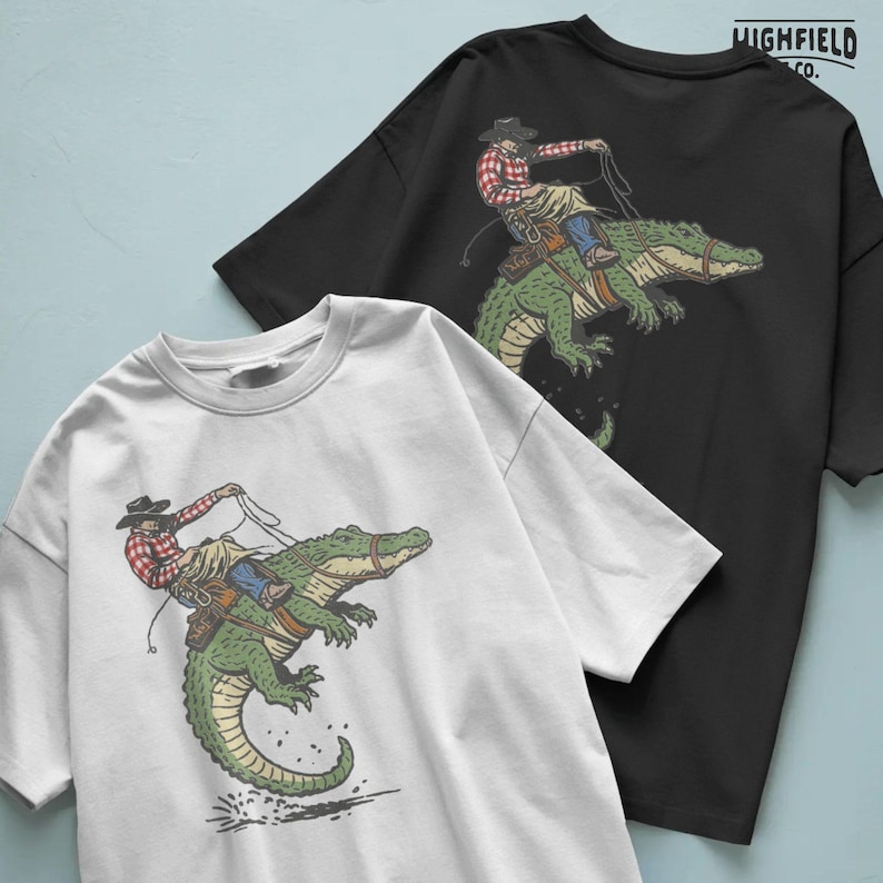 Cowboy alligator PNG showing ranch style humor with cowboy riding wild gator