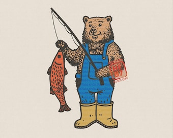 Ours de pêche PNG, chemise de pêche à la truite drôle, sublimation de camping en plein air à la campagne, téléchargement numérique de vêtements de la faune