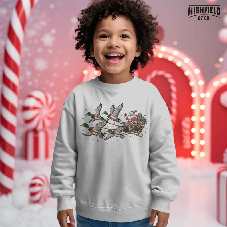 Duck hunter Christmas PNG depicting Santa Claus, a gift-filled sleigh, and four flying mallards illustrated with bold black ink lines and flat vintage colors.