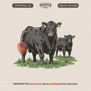 Op de afbeelding: Een digitale illustratie van een grote zwarte stier en een kleiner zwart kalf die op een stuk groen gras staan. Het kunstwerk bevat de tekst HIGHFIELD 87 CO. bovenaan en een rode ronde stempel met de letters HF. De achtergrond is licht beige van kleur.