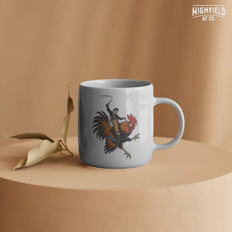 Vintage western rooster PNG design with a cowboy riding a bird in rodeo style, with bold outlines and humorous composition for shirt designs.
