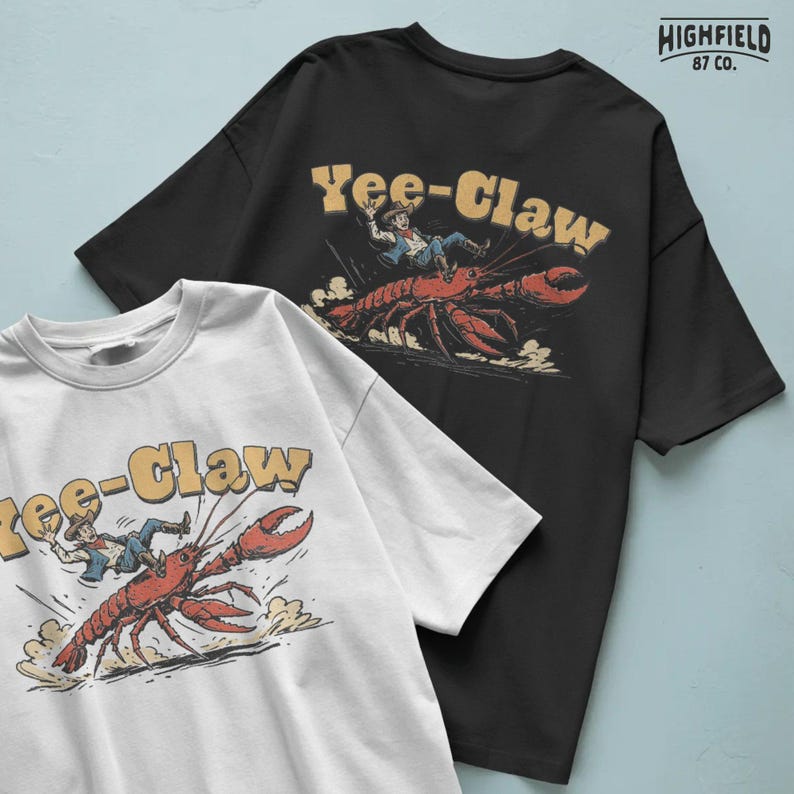 Cajun crawfish PNG artwork featuring a cowboy riding a large crawdad while holding on like a rodeo rider. The phrase Yee Claw appears above the scene while the crawfish kicks up dust across the ground, making a humorous southern themed design.